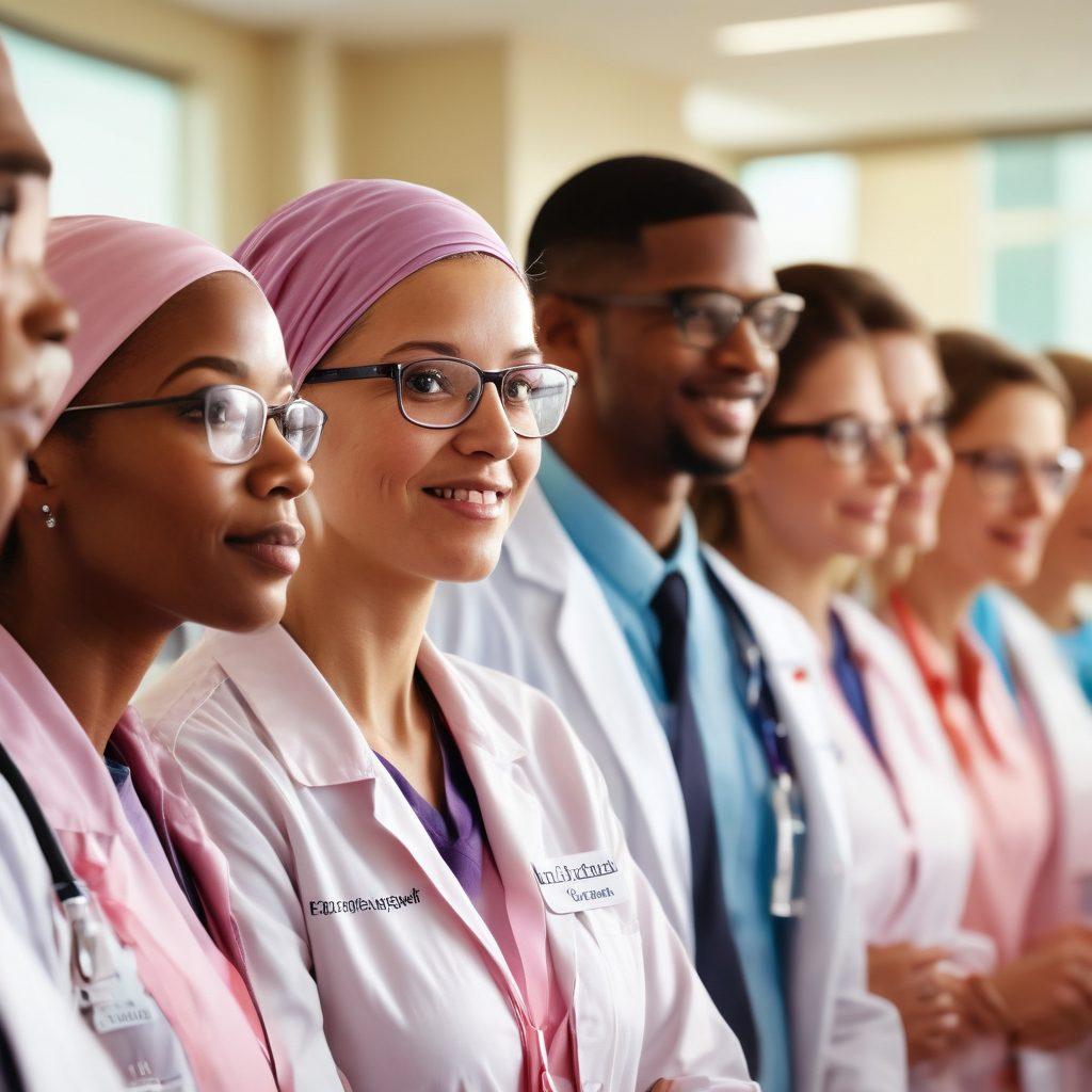 A hopeful and vibrant scene depicting a diverse group of people gathered in a supportive environment, sharing knowledge and experiences about cancer research and advocacy. Include elements like a research lab in the background, healthcare professionals interacting with patients, and symbols of empowerment such as ribbons and banners. Emphasize warm colors to evoke optimism and resilience. super-realistic. vibrant colors. soft focus.