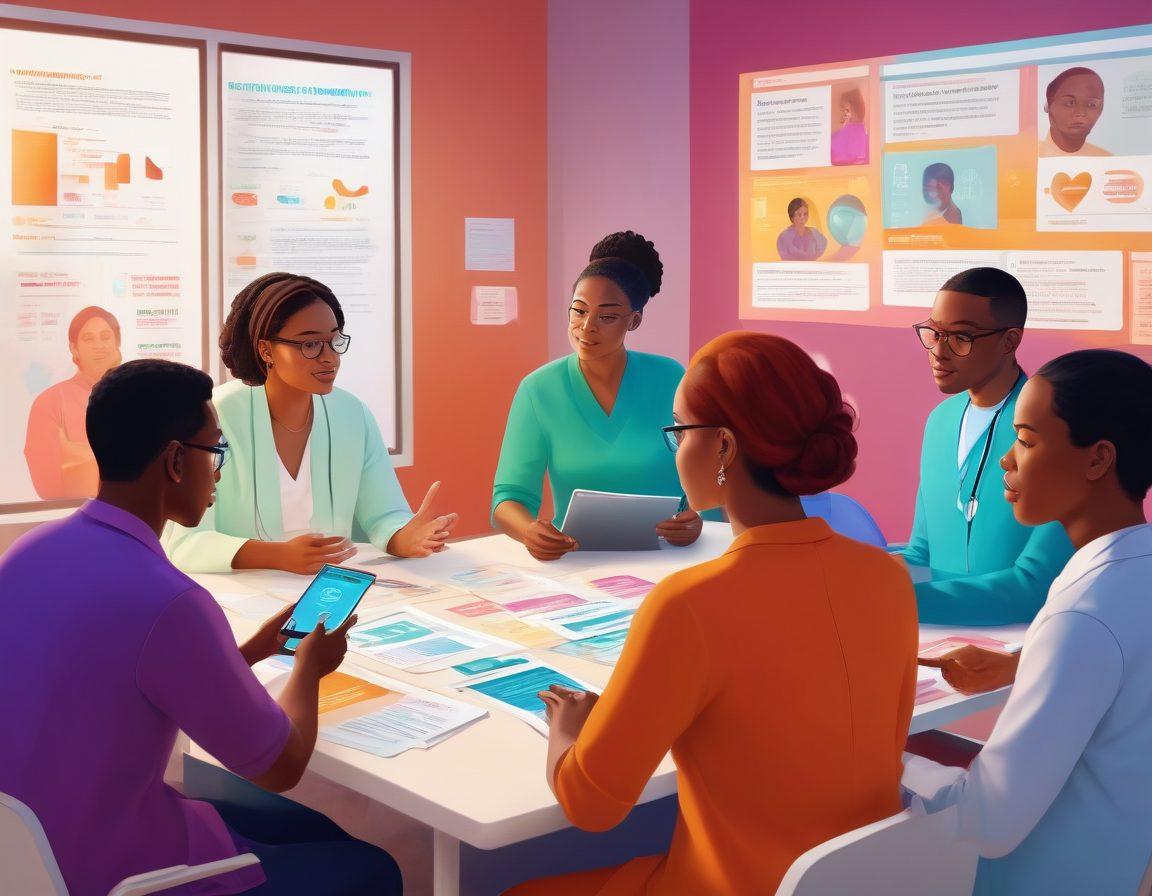 A diverse group of patients engaged in a vibrant, informative workshop, surrounded by pamphlets and digital devices showing treatment options. These individuals are animatedly discussing, with a backdrop of a colorful infographic displaying various healthcare pathways. The setting is warm and inviting, symbolizing empowerment through education and advocacy. vector art. vibrant colors. 3D elements.
